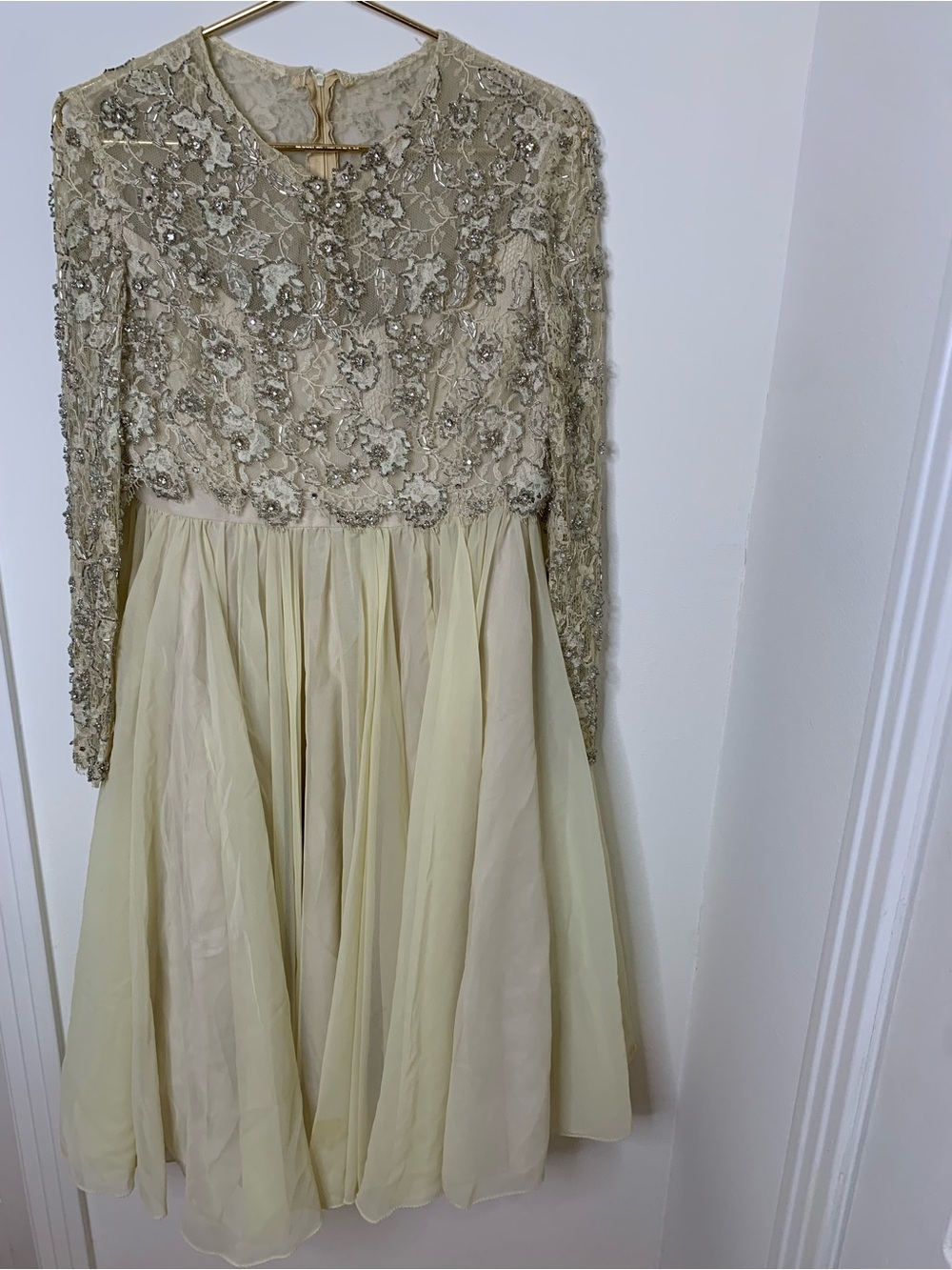 Jean Lutece dress beaded 1960’s sz 12 cream with Lace Long-Sleeve vintage Hong